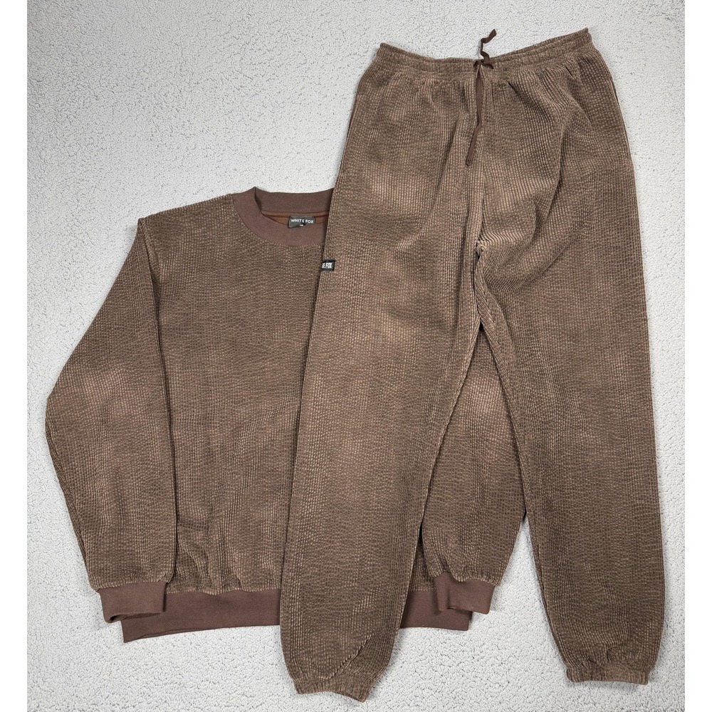 White Fox Lounge Set Womens Medium Brown Velour Sweatshirt Jogger Pants Cozy